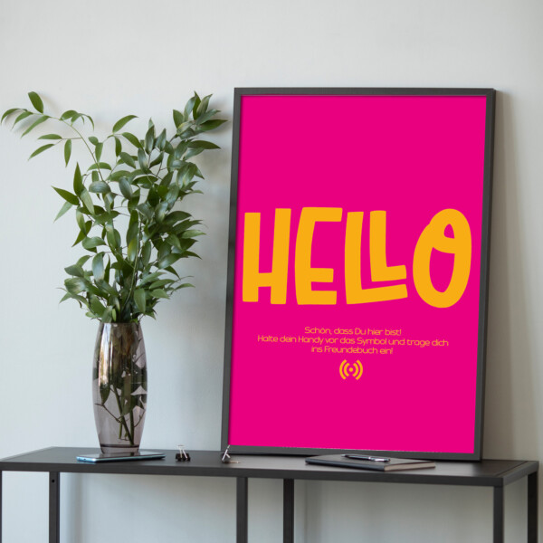 Stilvolles „Hello“ Poster mit integriertem NFC-Chip. Einfach scannen und dein persönliches, digitales Freundebuch öffnen.